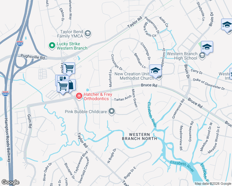 map of restaurants, bars, coffee shops, grocery stores, and more near 4506 McRae Close in Chesapeake