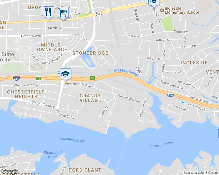 map of restaurants, bars, coffee shops, grocery stores, and more near 3121 Strathmore Avenue in Norfolk