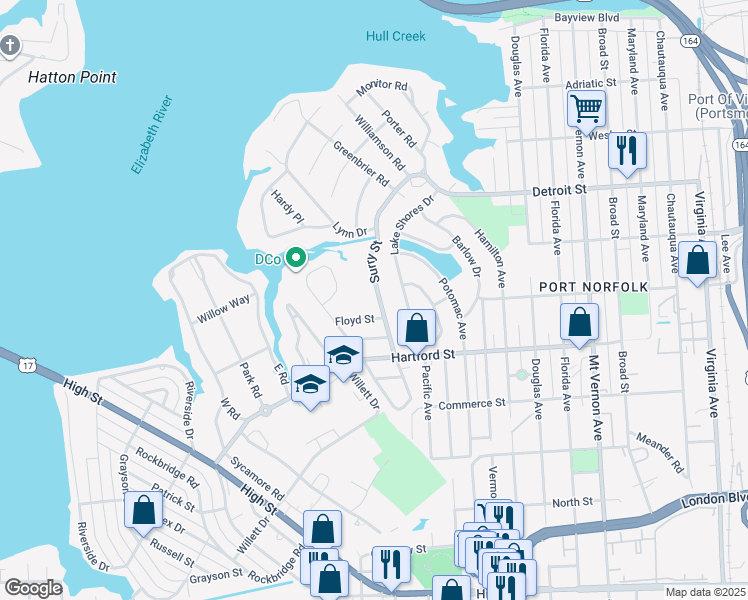 map of restaurants, bars, coffee shops, grocery stores, and more near 628 Surry Street in Portsmouth