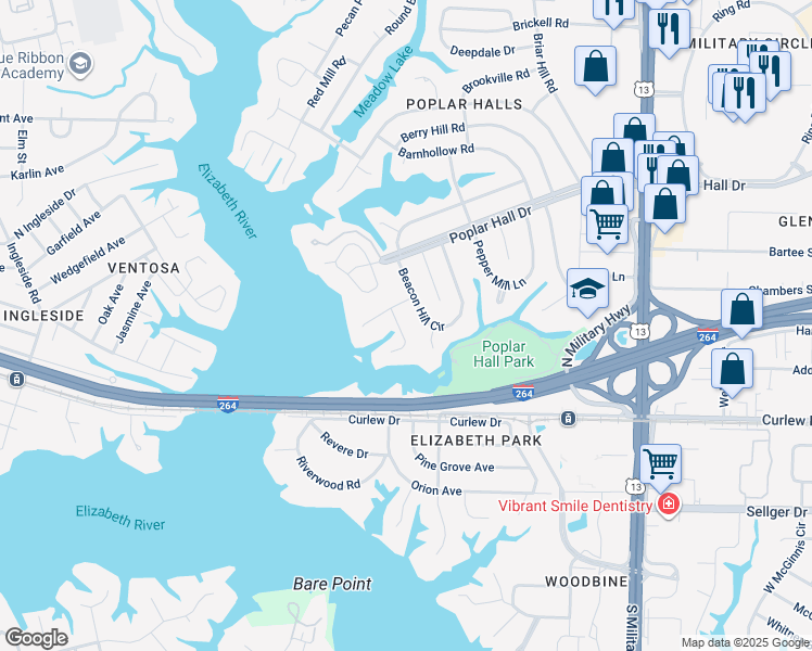 map of restaurants, bars, coffee shops, grocery stores, and more near 428 Leepoint Road in Norfolk
