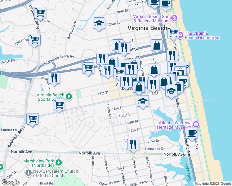 map of restaurants, bars, coffee shops, grocery stores, and more near 700 Virginia Beach Boulevard in Virginia Beach