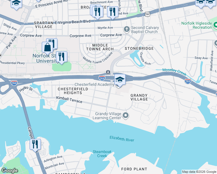 map of restaurants, bars, coffee shops, grocery stores, and more near 778 Ballentine Boulevard in Norfolk