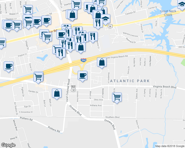 map of restaurants, bars, coffee shops, grocery stores, and more near 402 Hill Meadow Drive in Virginia Beach