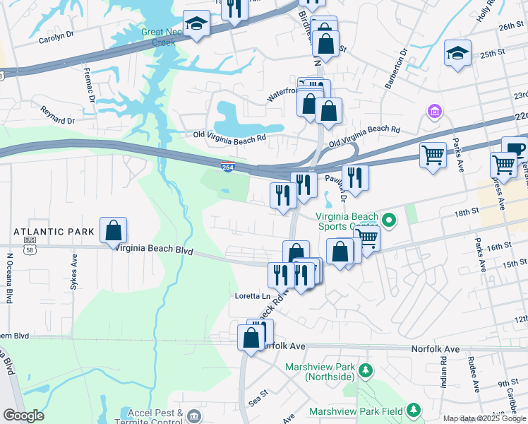map of restaurants, bars, coffee shops, grocery stores, and more near 1119 Americus Avenue in Virginia Beach