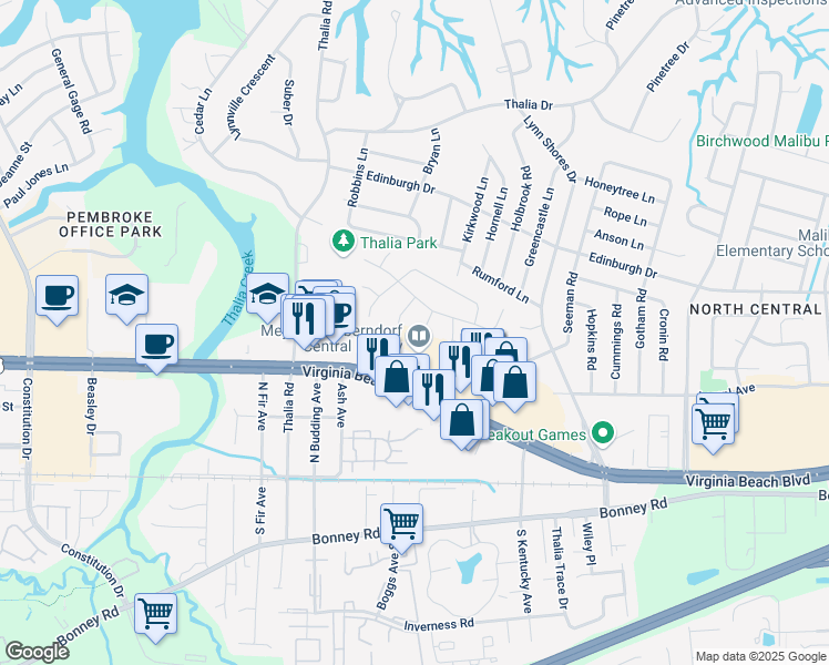 map of restaurants, bars, coffee shops, grocery stores, and more near 304 Pratt Court in Virginia Beach