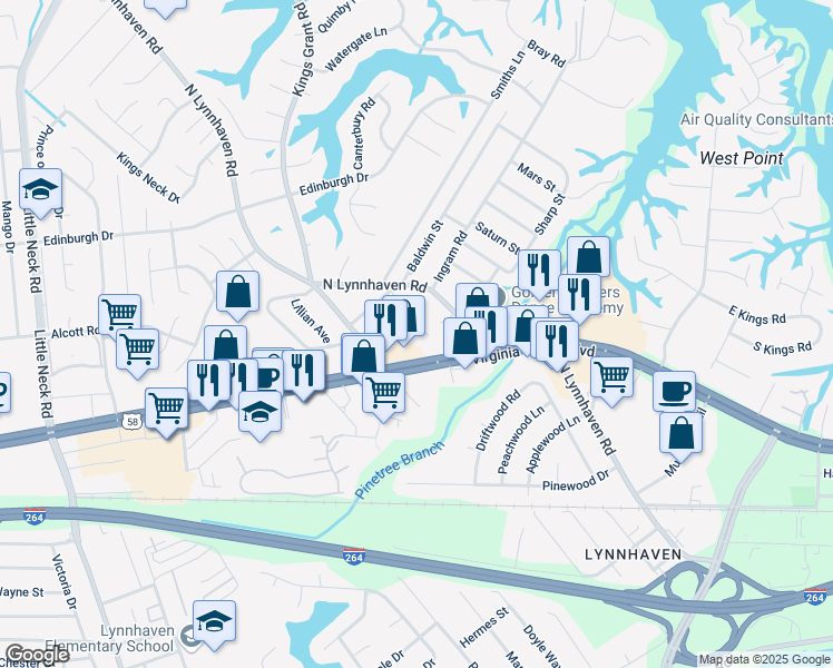 map of restaurants, bars, coffee shops, grocery stores, and more near 309 Crisfield Road in Virginia Beach