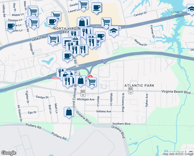 map of restaurants, bars, coffee shops, grocery stores, and more near 407 West Lane in Virginia Beach