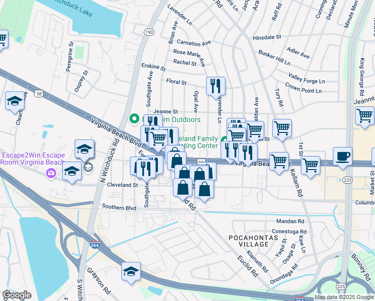 map of restaurants, bars, coffee shops, grocery stores, and more near 4980 Virginia Beach Boulevard in Virginia Beach