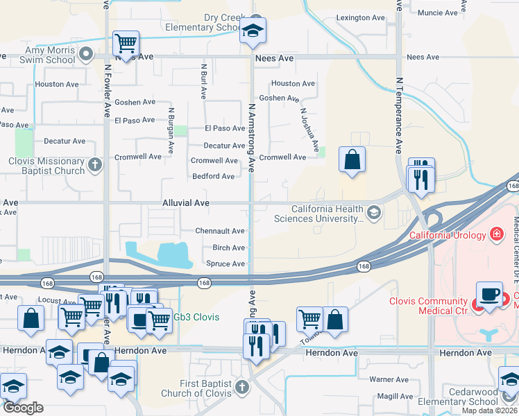 map of restaurants, bars, coffee shops, grocery stores, and more near 791 North Armstrong Avenue in Clovis