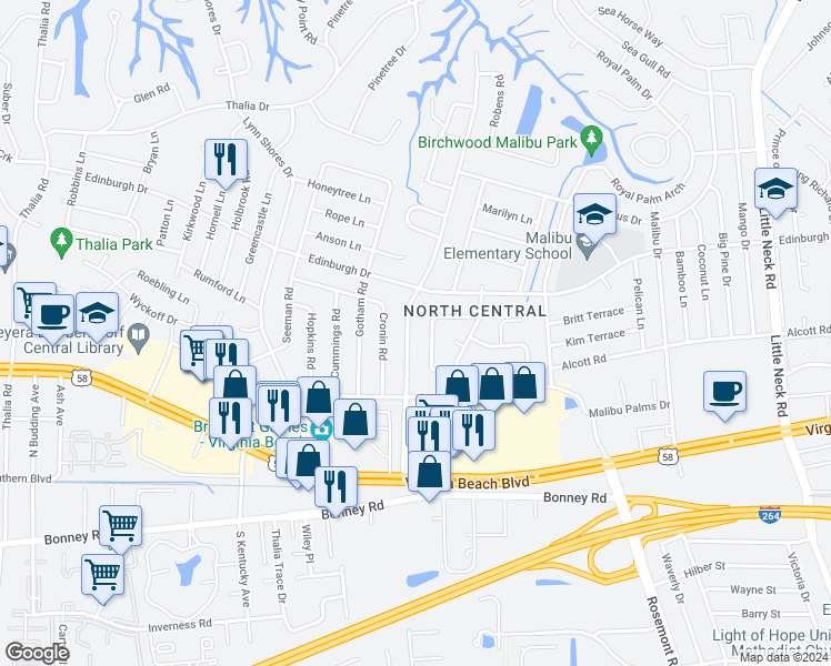 map of restaurants, bars, coffee shops, grocery stores, and more near 432 Caren Drive in Virginia Beach