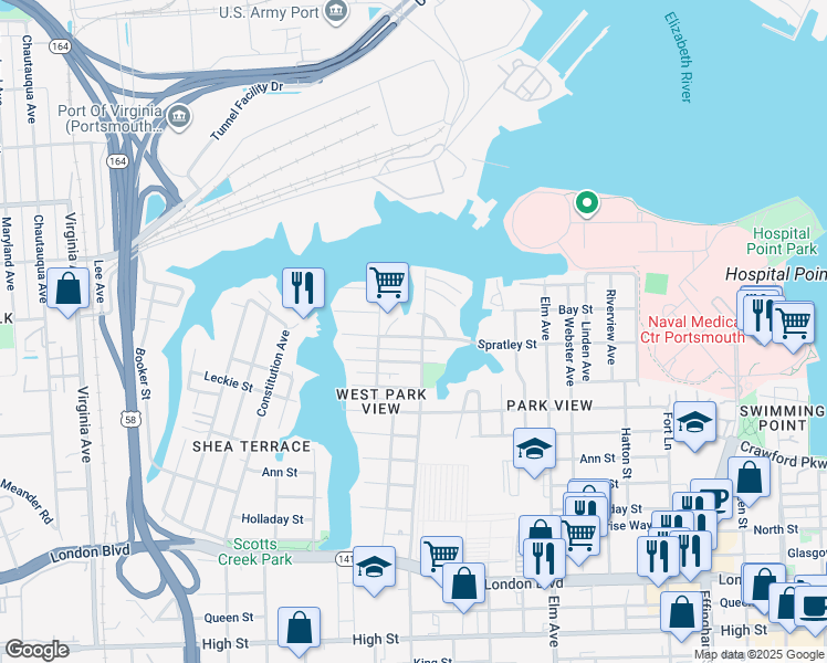 map of restaurants, bars, coffee shops, grocery stores, and more near 1608 Spratley Street in Portsmouth