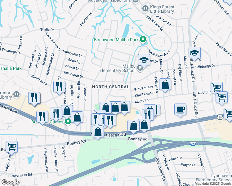 map of restaurants, bars, coffee shops, grocery stores, and more near 3728 Northmoor Court in Virginia Beach