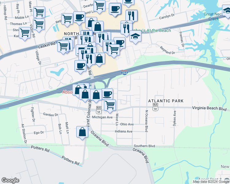 map of restaurants, bars, coffee shops, grocery stores, and more near 407 West Lane in Virginia Beach