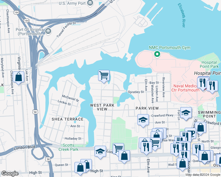 map of restaurants, bars, coffee shops, grocery stores, and more near 1608 Spratley Street in Portsmouth
