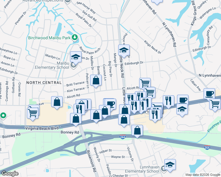 map of restaurants, bars, coffee shops, grocery stores, and more near 3500 Alcott Road in Virginia Beach