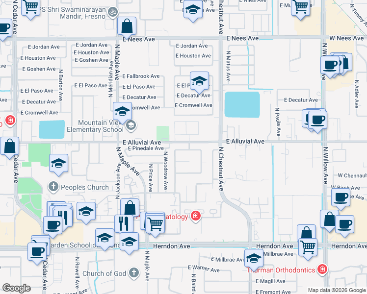 map of restaurants, bars, coffee shops, grocery stores, and more near 2326 East Minarets Avenue in Fresno