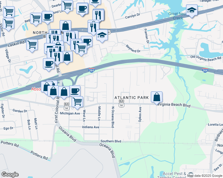 map of restaurants, bars, coffee shops, grocery stores, and more near 409 North Oceana Boulevard in Virginia Beach