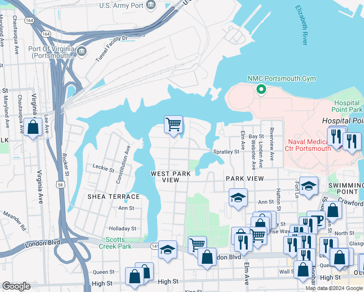 map of restaurants, bars, coffee shops, grocery stores, and more near 1612 Spratley Street in Portsmouth