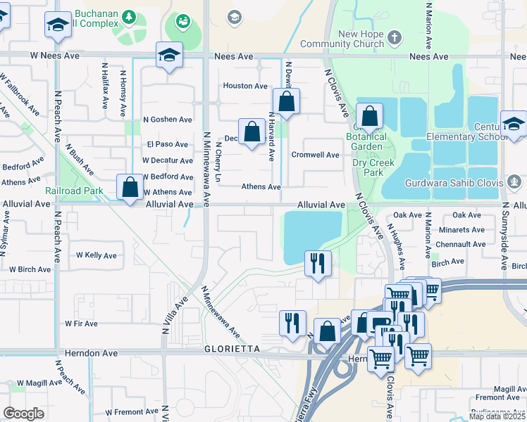 map of restaurants, bars, coffee shops, grocery stores, and more near 249 Oak Avenue in Clovis