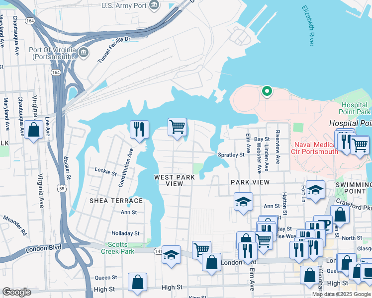 map of restaurants, bars, coffee shops, grocery stores, and more near 1612 Spratley Street in Portsmouth