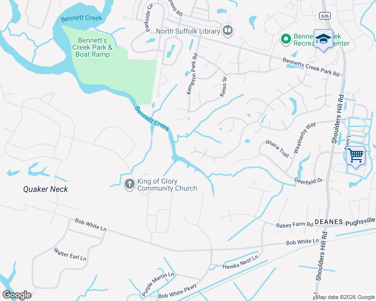 map of restaurants, bars, coffee shops, grocery stores, and more near 6044 Steeplechase Lane in Suffolk