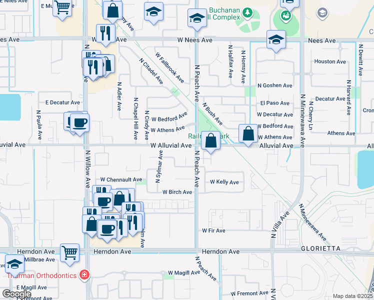 map of restaurants, bars, coffee shops, grocery stores, and more near 450 West Alluvial Avenue in Clovis