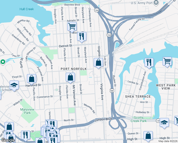 map of restaurants, bars, coffee shops, grocery stores, and more near 2503 Woodrow Street in Portsmouth