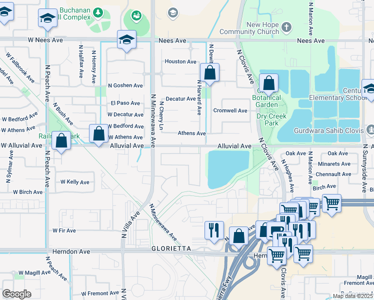 map of restaurants, bars, coffee shops, grocery stores, and more near 249 Oak Avenue in Clovis
