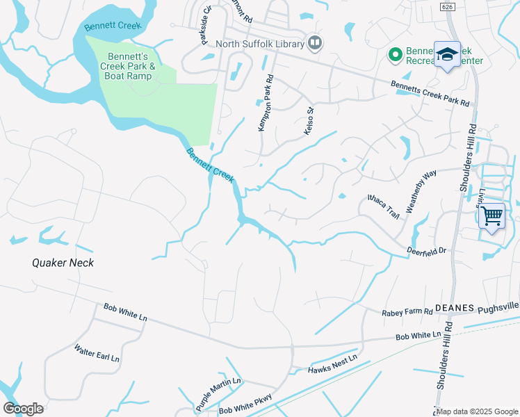 map of restaurants, bars, coffee shops, grocery stores, and more near 6044 Steeplechase Lane in Suffolk