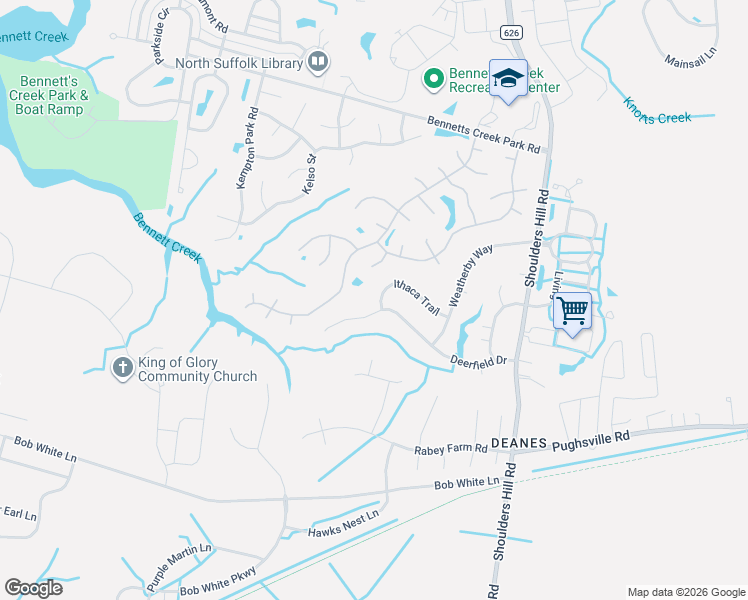 map of restaurants, bars, coffee shops, grocery stores, and more near 3600 Ithaca Trail in Suffolk