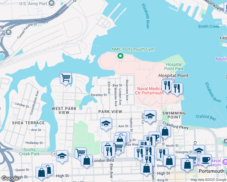 map of restaurants, bars, coffee shops, grocery stores, and more near 72 Webster Avenue in Portsmouth