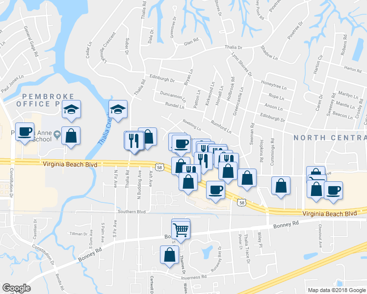 map of restaurants, bars, coffee shops, grocery stores, and more near 304 Pratt Court in Virginia Beach