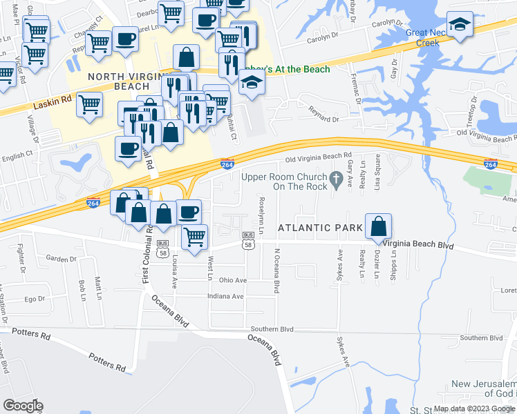 map of restaurants, bars, coffee shops, grocery stores, and more near 409 Roselynn Lane in Virginia Beach