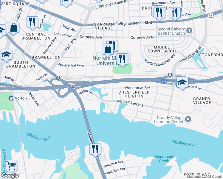map of restaurants, bars, coffee shops, grocery stores, and more near 2319 Westminster Avenue in Norfolk