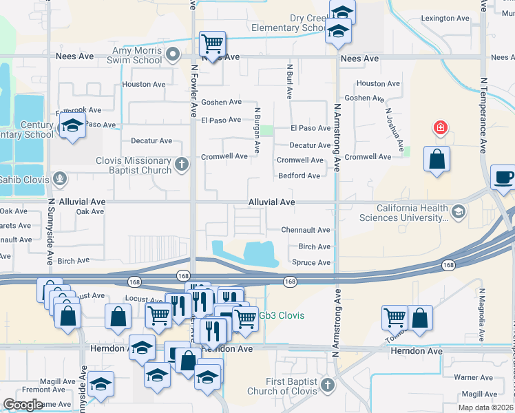 map of restaurants, bars, coffee shops, grocery stores, and more near 1935 Minarets Lane in Clovis
