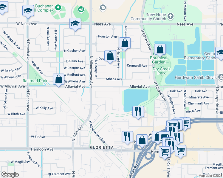 map of restaurants, bars, coffee shops, grocery stores, and more near 249 Oak Avenue in Clovis