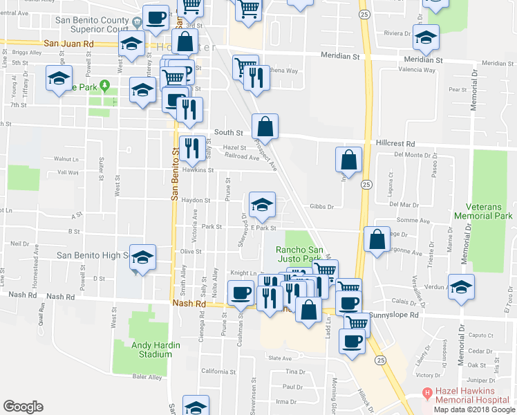 map of restaurants, bars, coffee shops, grocery stores, and more near 110 East Park Street in Hollister
