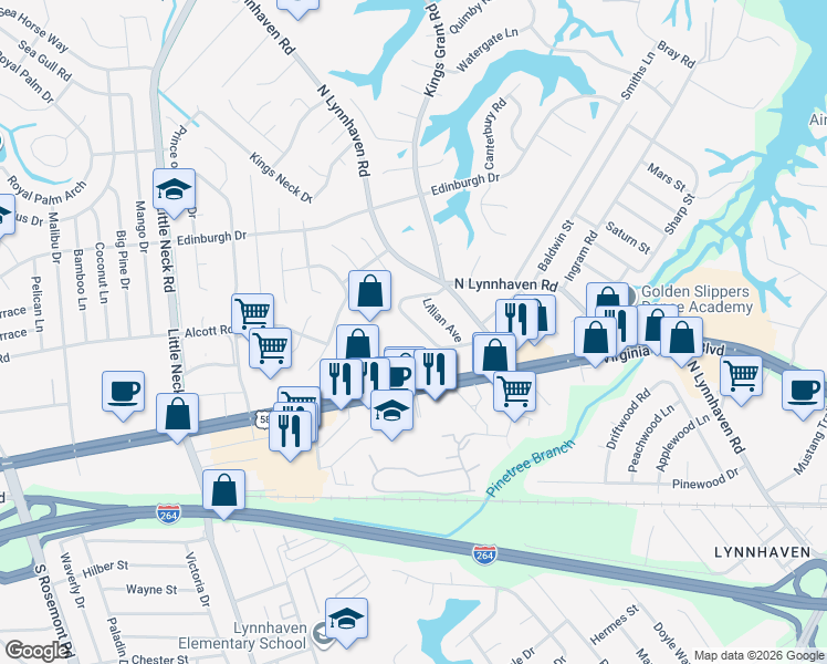 map of restaurants, bars, coffee shops, grocery stores, and more near 3040 Belle Haven Drive in Virginia Beach