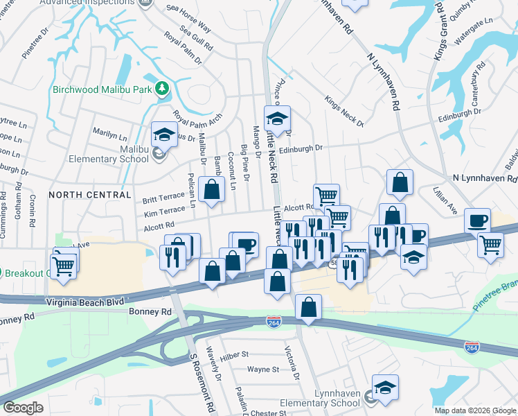 map of restaurants, bars, coffee shops, grocery stores, and more near 400 Mango Drive in Virginia Beach
