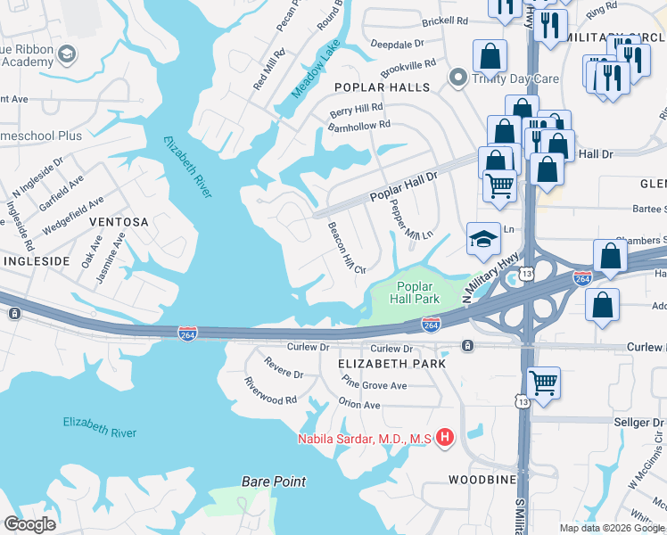 map of restaurants, bars, coffee shops, grocery stores, and more near 428 Leepoint Road in Norfolk