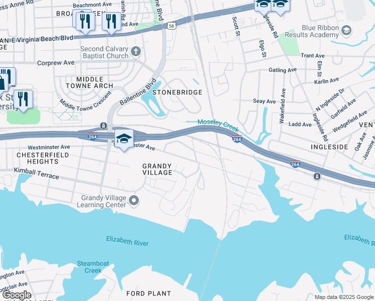 map of restaurants, bars, coffee shops, grocery stores, and more near 3115 Strathmore Avenue in Norfolk
