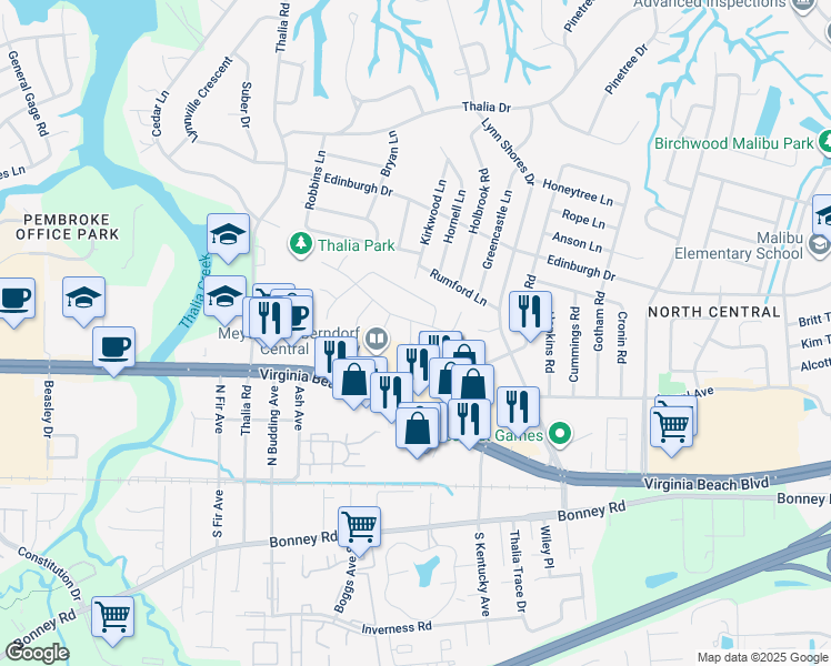 map of restaurants, bars, coffee shops, grocery stores, and more near 3949 Stepney Lane in Virginia Beach