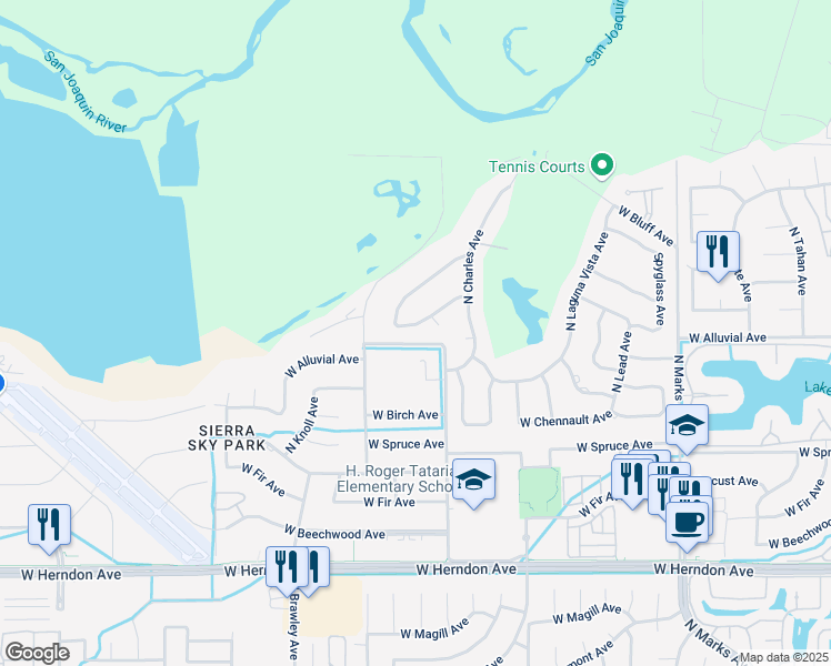 map of restaurants, bars, coffee shops, grocery stores, and more near 3579 West Loma Linda Avenue in Fresno