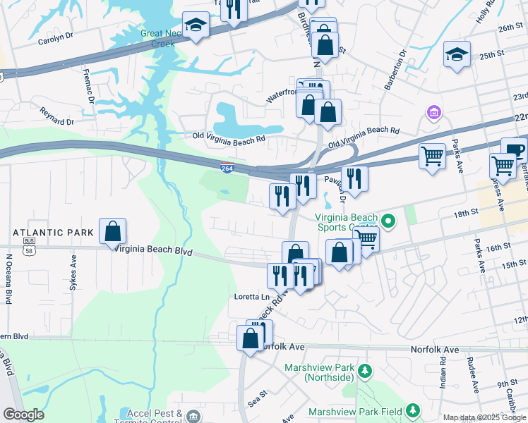 map of restaurants, bars, coffee shops, grocery stores, and more near 1119 Americus Avenue in Virginia Beach