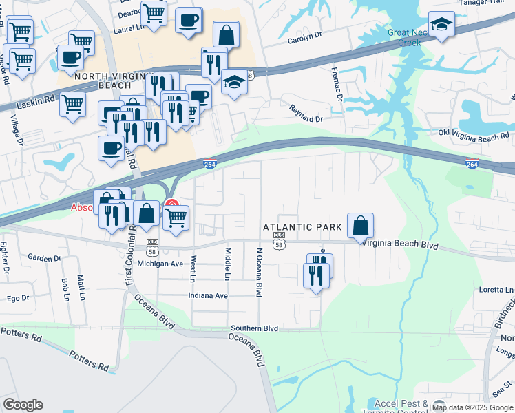 map of restaurants, bars, coffee shops, grocery stores, and more near 409 North Oceana Boulevard in Virginia Beach