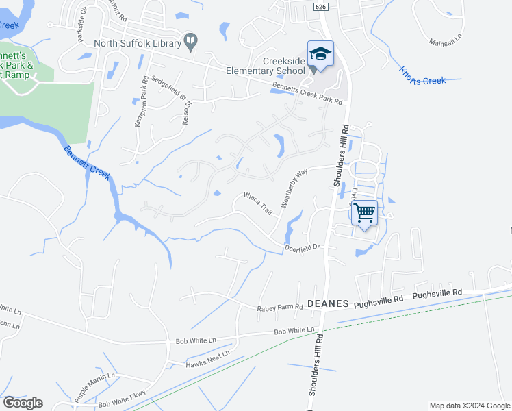 map of restaurants, bars, coffee shops, grocery stores, and more near 3629 Ithaca Trail in Suffolk