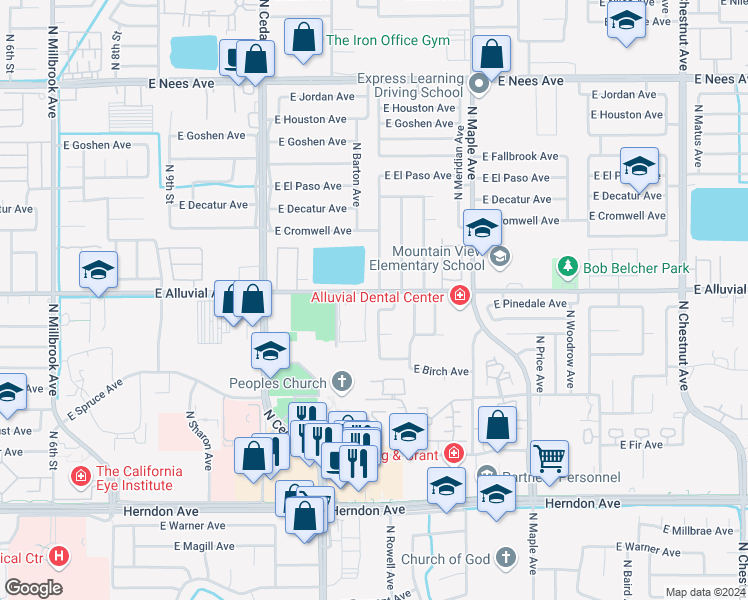 map of restaurants, bars, coffee shops, grocery stores, and more near 1733 East Alluvial Avenue in Fresno