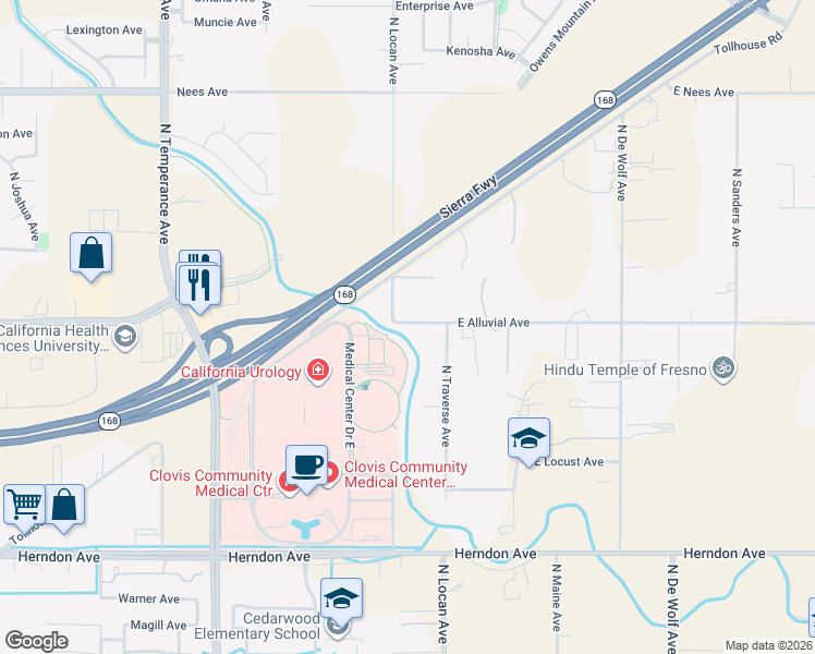 map of restaurants, bars, coffee shops, grocery stores, and more near 7031 East Alluvial Avenue in Clovis