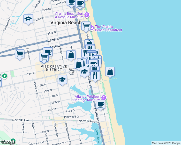 map of restaurants, bars, coffee shops, grocery stores, and more near 211 16th Street in Virginia Beach