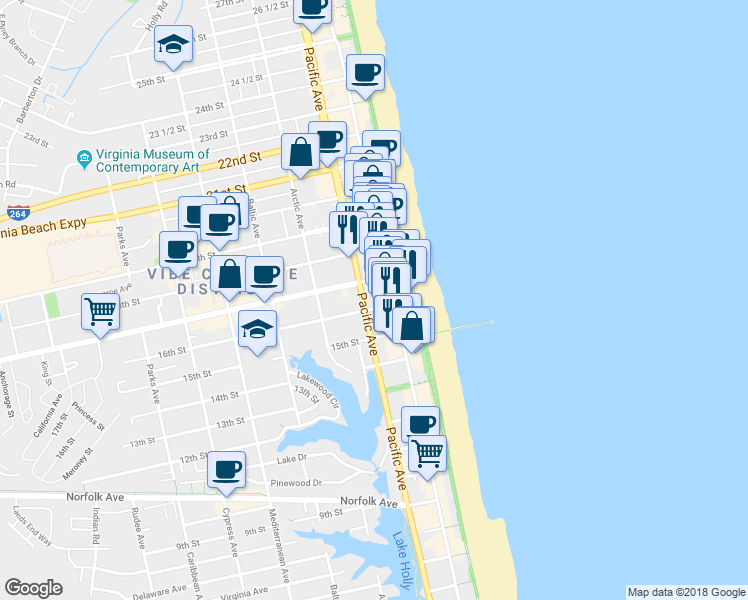 map of restaurants, bars, coffee shops, grocery stores, and more near 211 16th Street in Virginia Beach